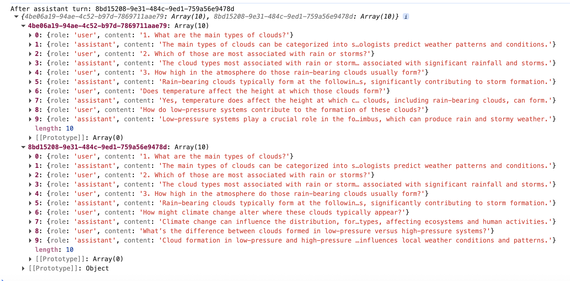 A screenshot of the current state of two sessions within the same conversation thread. They both ask about height in the atmosphere for rain-bearing clouds, and diverge from there.